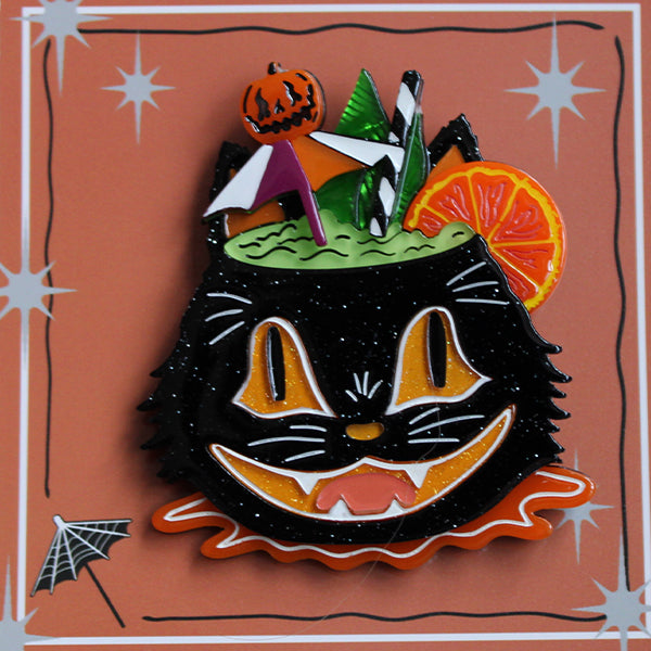 Carrie Hudson x Lipstick & Chrome Black Magic Cat Halloween Tiki Brooch