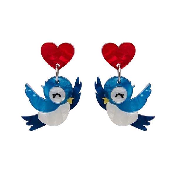 Erstwilder "Fowl Be Yours" Bluebird & Heart Drop Pierced Earrings with Gift Box