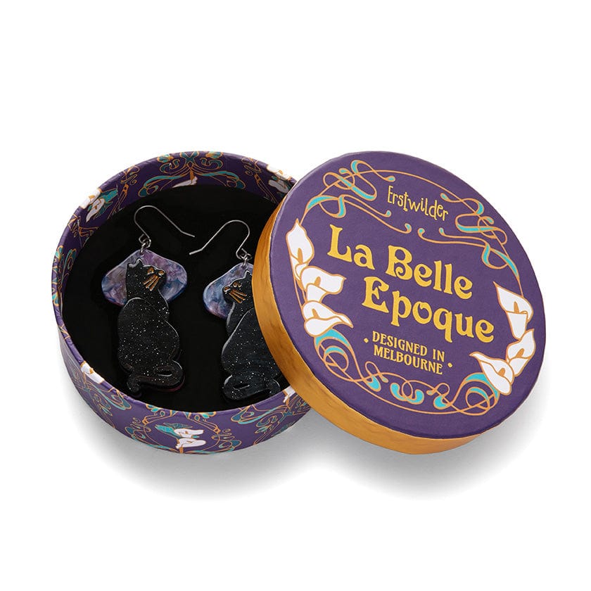 Erstwilder "Le Chat Miaule" Black Cat Drop Pierced Earrings with Gift Box