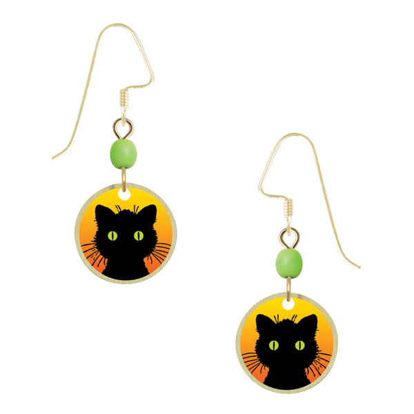 Lemon Tree Black Kitty Cat Halloween Print Brass Disc Pierced Earrings - Belle Fleur Boutique