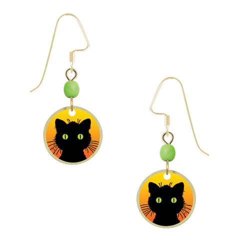 Lemon Tree Black Kitty Cat Halloween Print Brass Disc Pierced Earrings - Belle Fleur Boutique