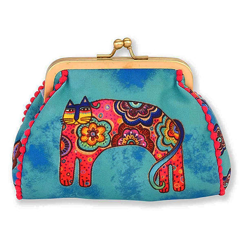 Laurel Burch Cat Bohemian Whiskers  Kisslock Coin Purse (Aqua Blue & Multi-Color) - Belle Fleur Boutique