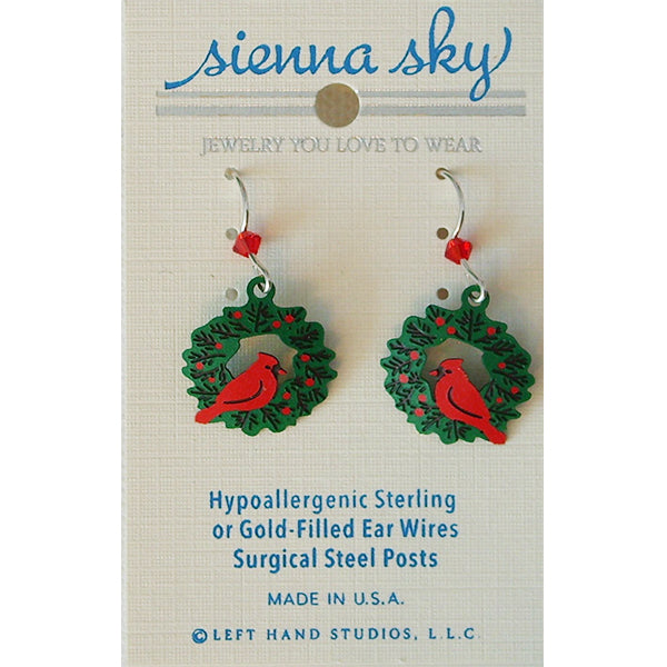 Sienna Sky Christmas Cardinals on a Holiday Wreath Pierced Earrings - Belle Fleur Boutique