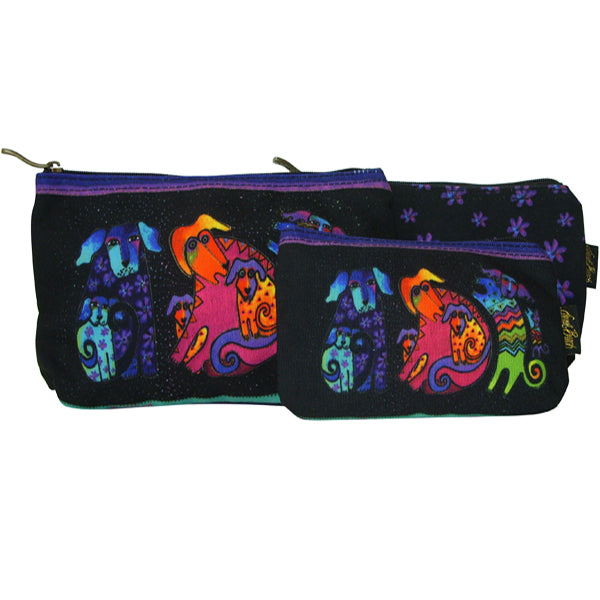 Laurel Burch Dog & Doggies Set of 3 Multi-Color Cotton Cosmetic Bag Pouches - Belle Fleur Boutique