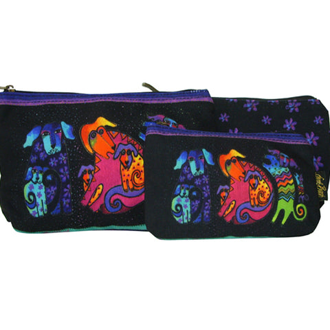 Laurel Burch Dog & Doggies Set of 3 Multi-Color Cotton Cosmetic Bag Pouches - Belle Fleur Boutique