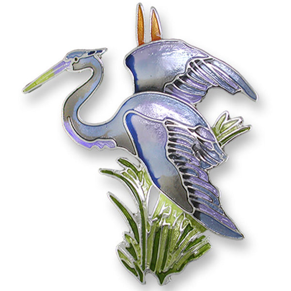 Zarah Great Blue Heron Bird Pin Enameled Sterling Silver-Plated - Belle Fleur Boutique