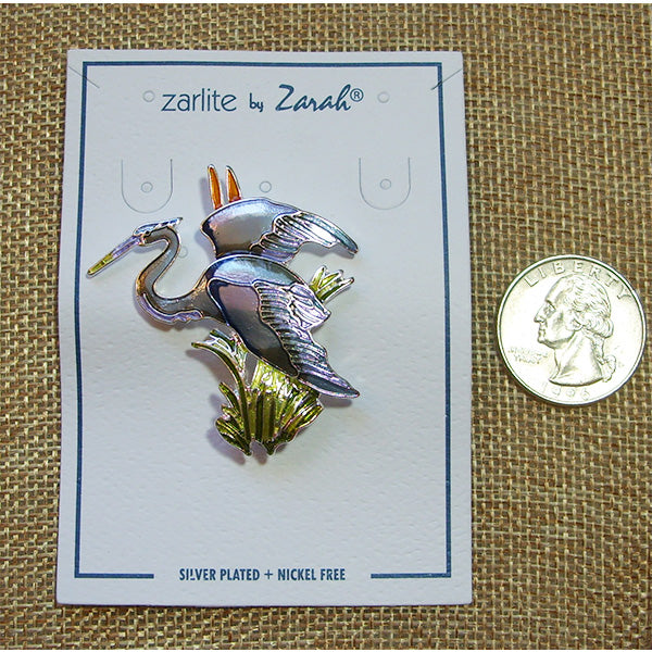 Zarah Great Blue Heron Bird Pin Enameled Sterling Silver-Plated - Belle Fleur Boutique