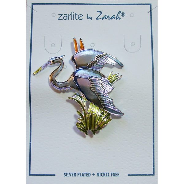 Zarah Great Blue Heron Bird Pin Enameled Sterling Silver-Plated - Belle Fleur Boutique