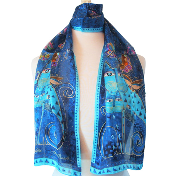 Laurel Burch Indigo Cats & Butterflies Art 100% Silk Scarf - Belle Fleur Boutique