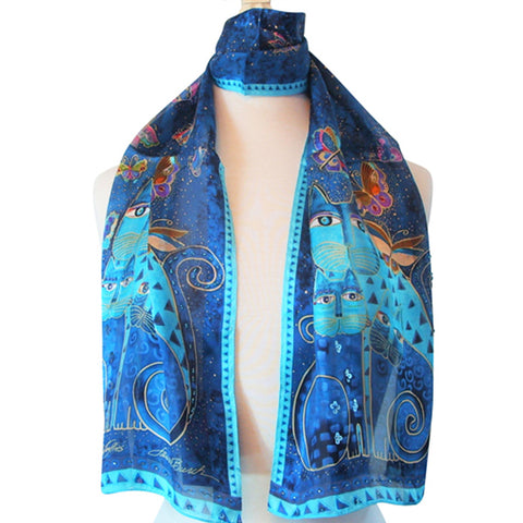 Laurel Burch Indigo Cats & Butterflies Art 100% Silk Scarf - Belle Fleur Boutique