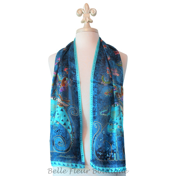 Laurel Burch Indigo Cats & Butterflies Art 100% Silk Scarf - Belle Fleur Boutique