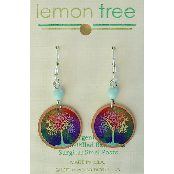 Lemon Tree Multi-Color Fall Leaves Tree of Life Print Copper Disc Pierced Earrings - Belle Fleur Boutique