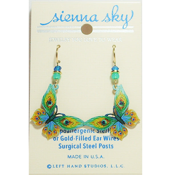 Sienna Sky Peacock Feather Butterfly Pierced Earrings - Belle Fleur Boutique