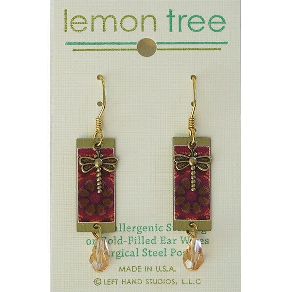 Dragonfly Charm Mulberry Floral Print Rectangle Pierced Earrings by Lemon Tree - Belle Fleur Boutique