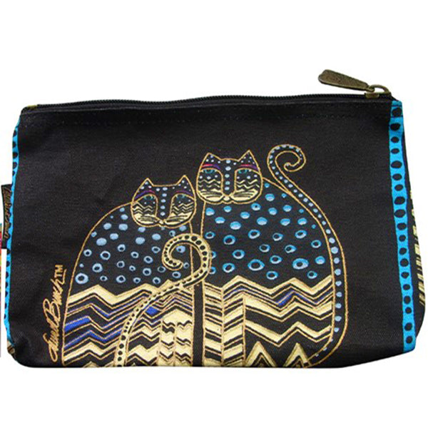 Laurel Burch Polka Dot Cats Canvas Cosmetic Bag Pouch Black, Turquoise, & Cream - Belle Fleur Boutique