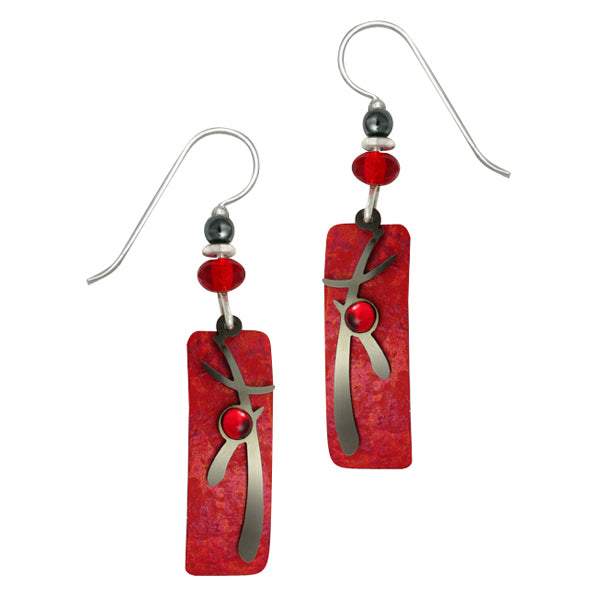 Adajio Vibrant Red Column w/Etched Asian-Design Overlay Pierced Earrings - Belle Fleur Boutique