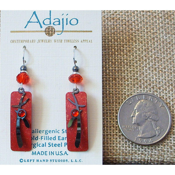 Adajio Vibrant Red Column w/Etched Asian-Design Overlay Pierced Earrings - Belle Fleur Boutique