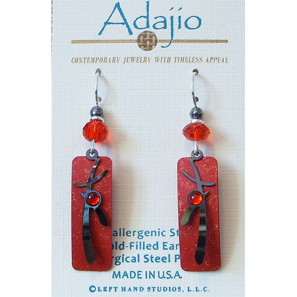 Adajio Vibrant Red Column w/Etched Asian-Design Overlay Pierced Earrings - Belle Fleur Boutique
