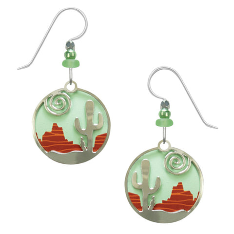 Adajio Southwest Desert Scene w/Sun & Cactus Overlay Pierced Earrings - Belle Fleur Boutique
