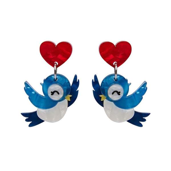 Erstwilder "Fowl Be Yours" Bluebird & Heart Drop Pierced Earrings with Gift Box