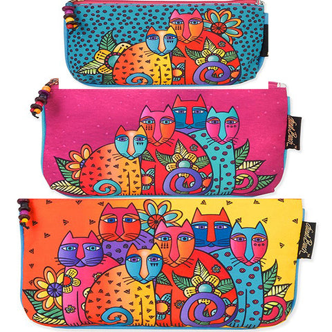 Laurel Burch Cat Feline Clan Set of 3 Multi-Color Cotton Cosmetic Bag Pouches - Belle Fleur Boutique