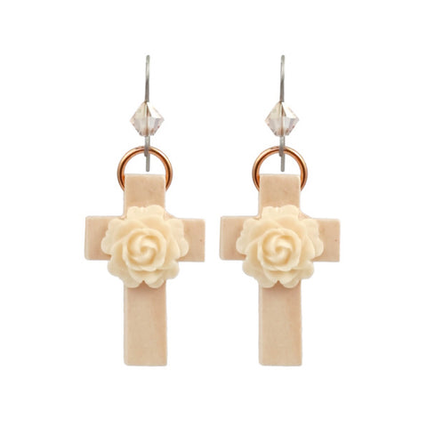 Tarina Tarantino Gothic Garden "Mary" Floral Cross Pierced Earrings in Ivory - Belle Fleur Boutique