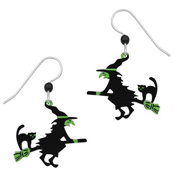 Sienna Sky Flying Witch & Cat on a Broomstick Pierced Earrings