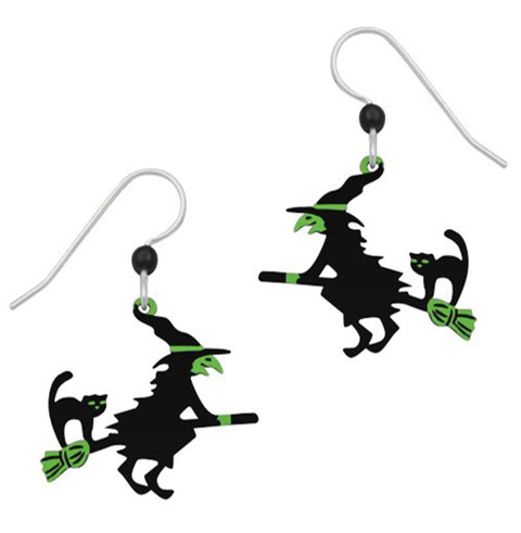 Sienna Sky Flying Witch & Cat on a Broomstick Pierced Earrings